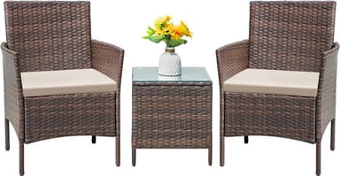 Flamaker Patio Furniture Set 3 Pieces All-Weather Rattan Outdoor Chairs and Table