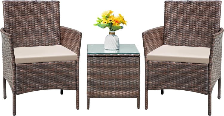 Flamaker Patio Furniture Set 3 Pieces All-Weather Rattan Outdoor Chairs and Table