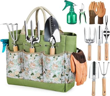 Grenebo Gardening Tools 9-Piece Heavy Duty Garden Hand Tools with Organizer Handbag