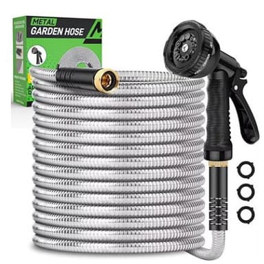 Keboe 50 ft Heavy Duty Stainless Steel Garden Hose with 10-Function Nozzle
