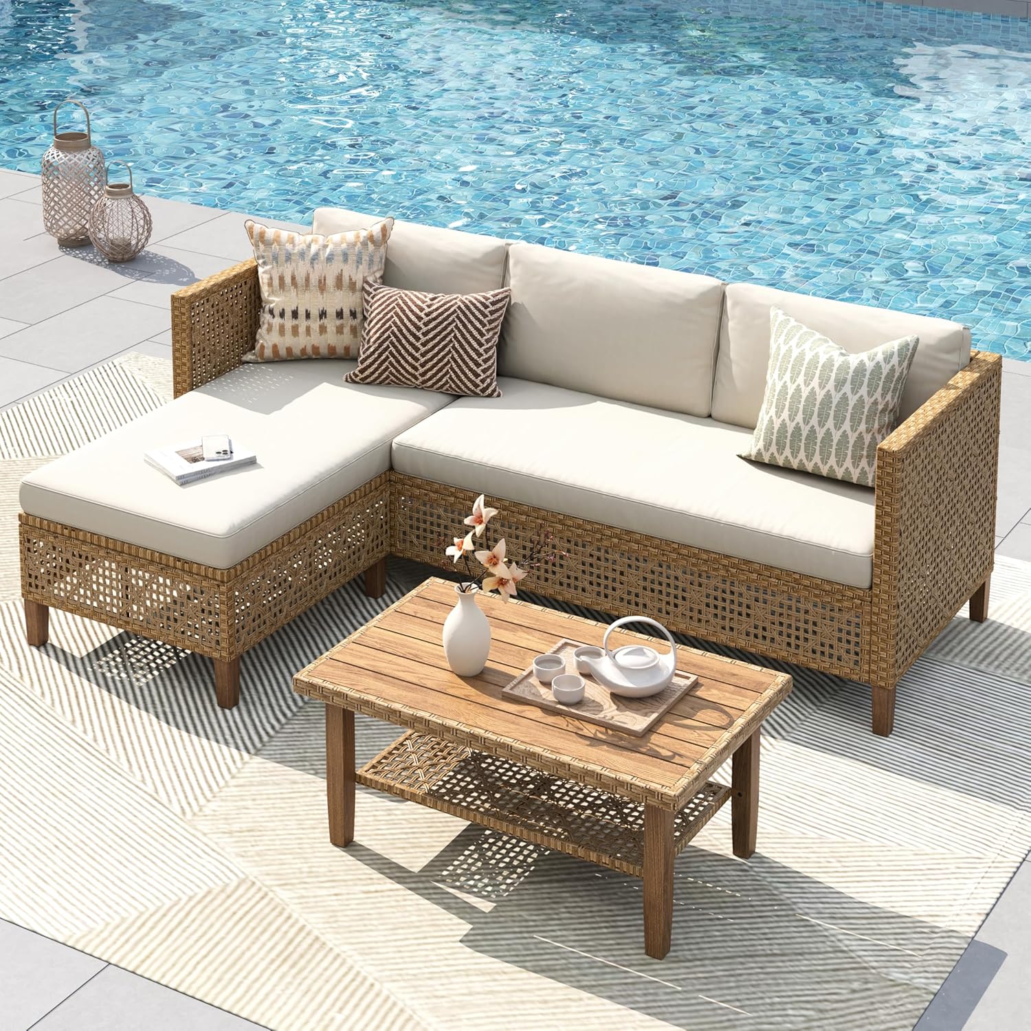 PHI VILLA Sectional Outdoor Couch with Cushions and Acacia Wood Coffee Table